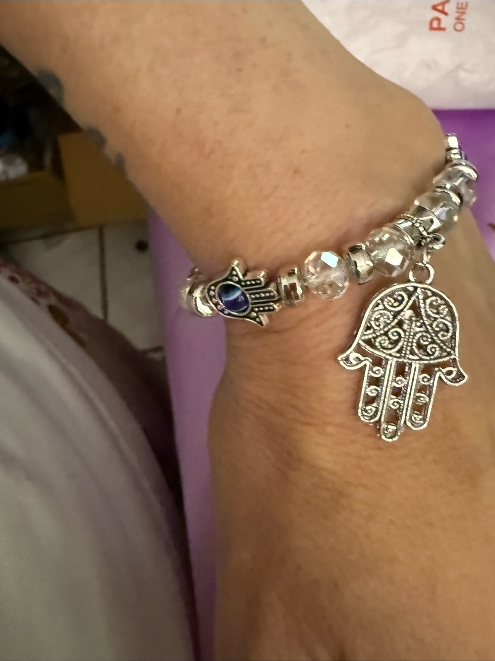 Adjustable Silver Hamsa Charm Beaded Bracelet with Blue Accent